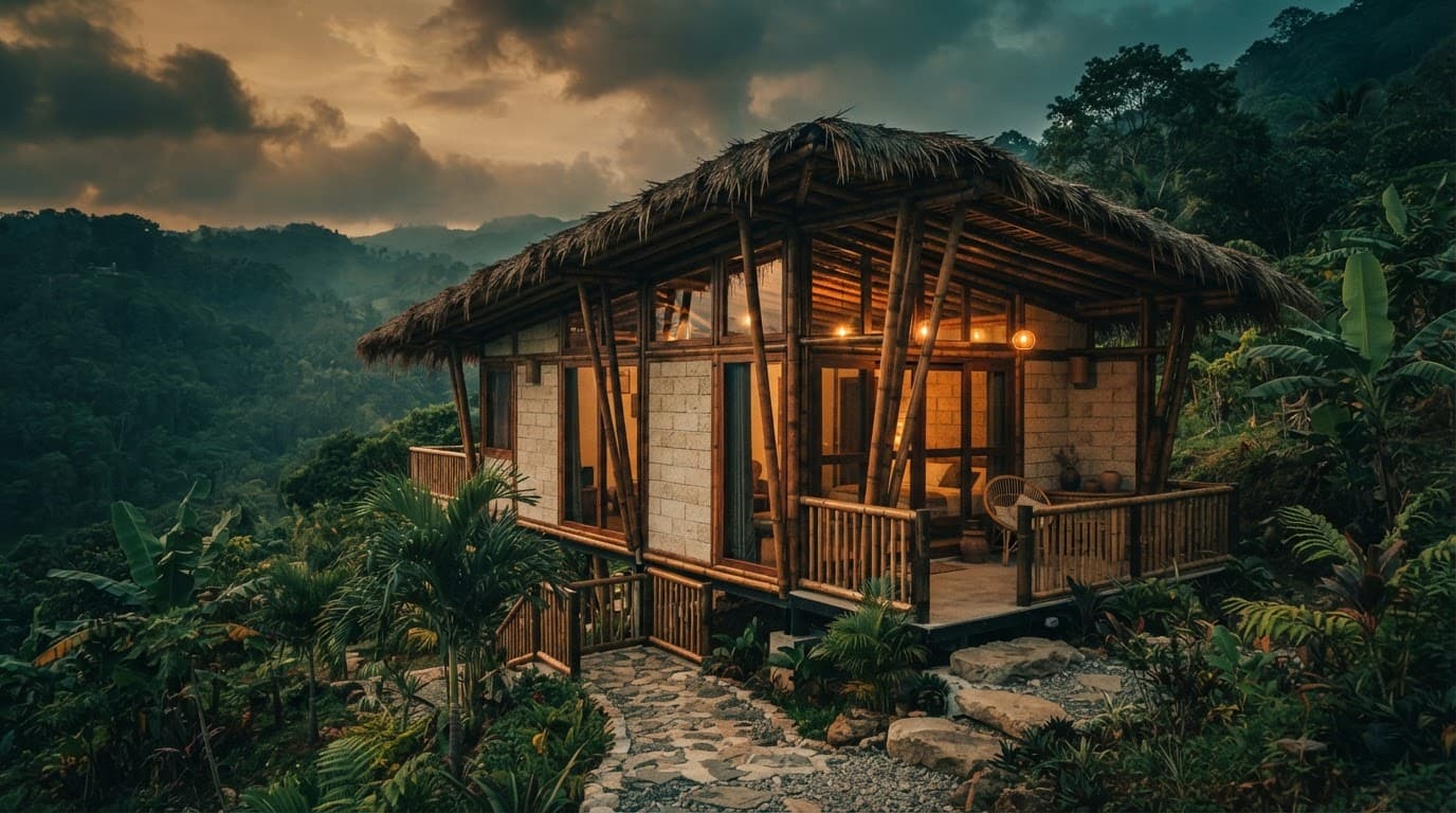 Bamboo-framed house with rice-husk block walls set in green Philippine hills at dusk